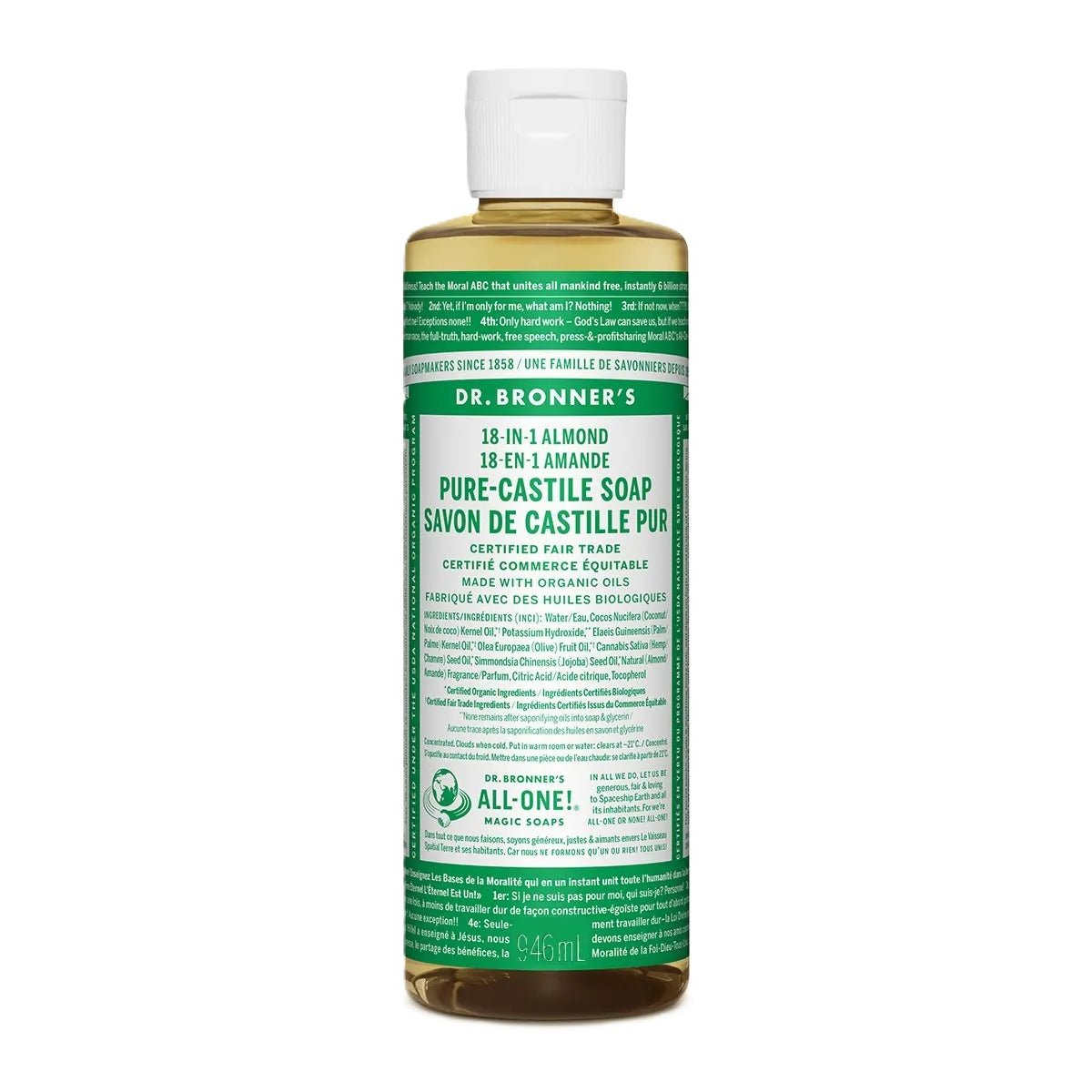 Product photo from eNatural Shopify for Dr. Bronner’s 18-In-1 Pure-Castile Soap Almond 946mL