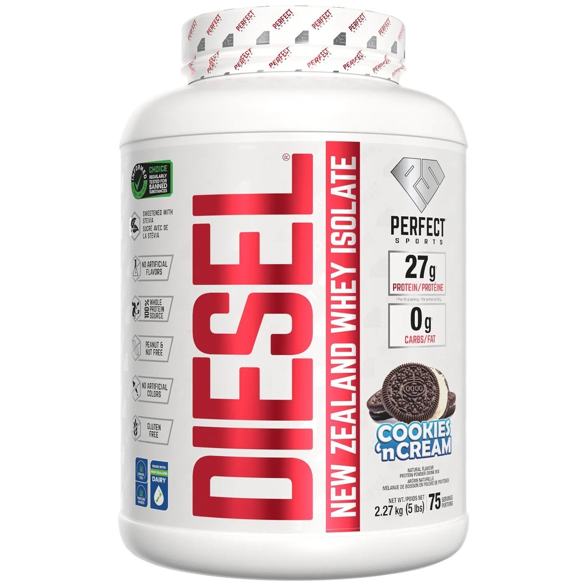 Product photo from eNatural Shopify for Perfect Sports Diesel New Zealand Whey Isolate Cookies and Cream 5lb