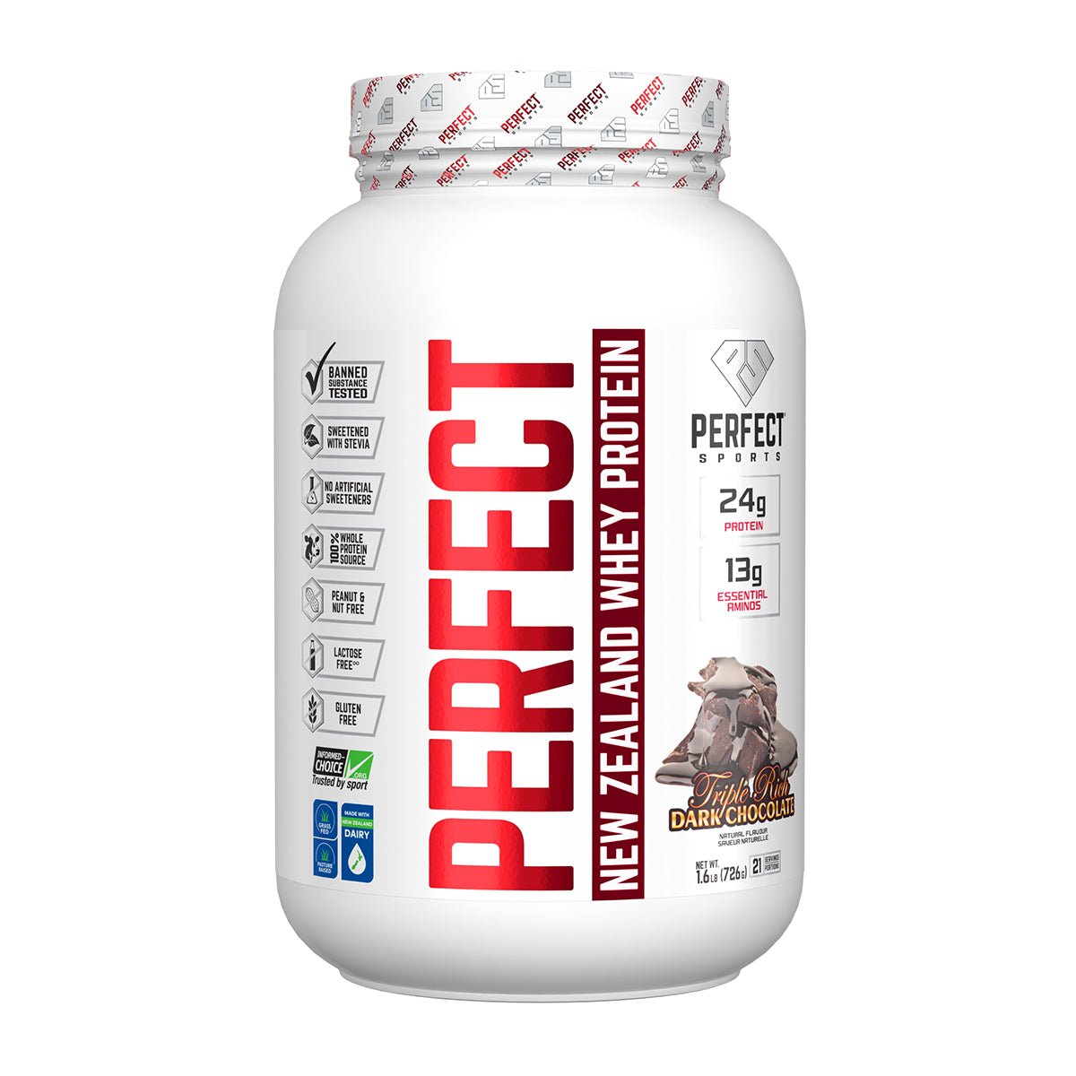 Product photo from eNatural Shopify for PERFECT Sports New Zealand Whey Protein Triple Rich Chocolate-1.6LB