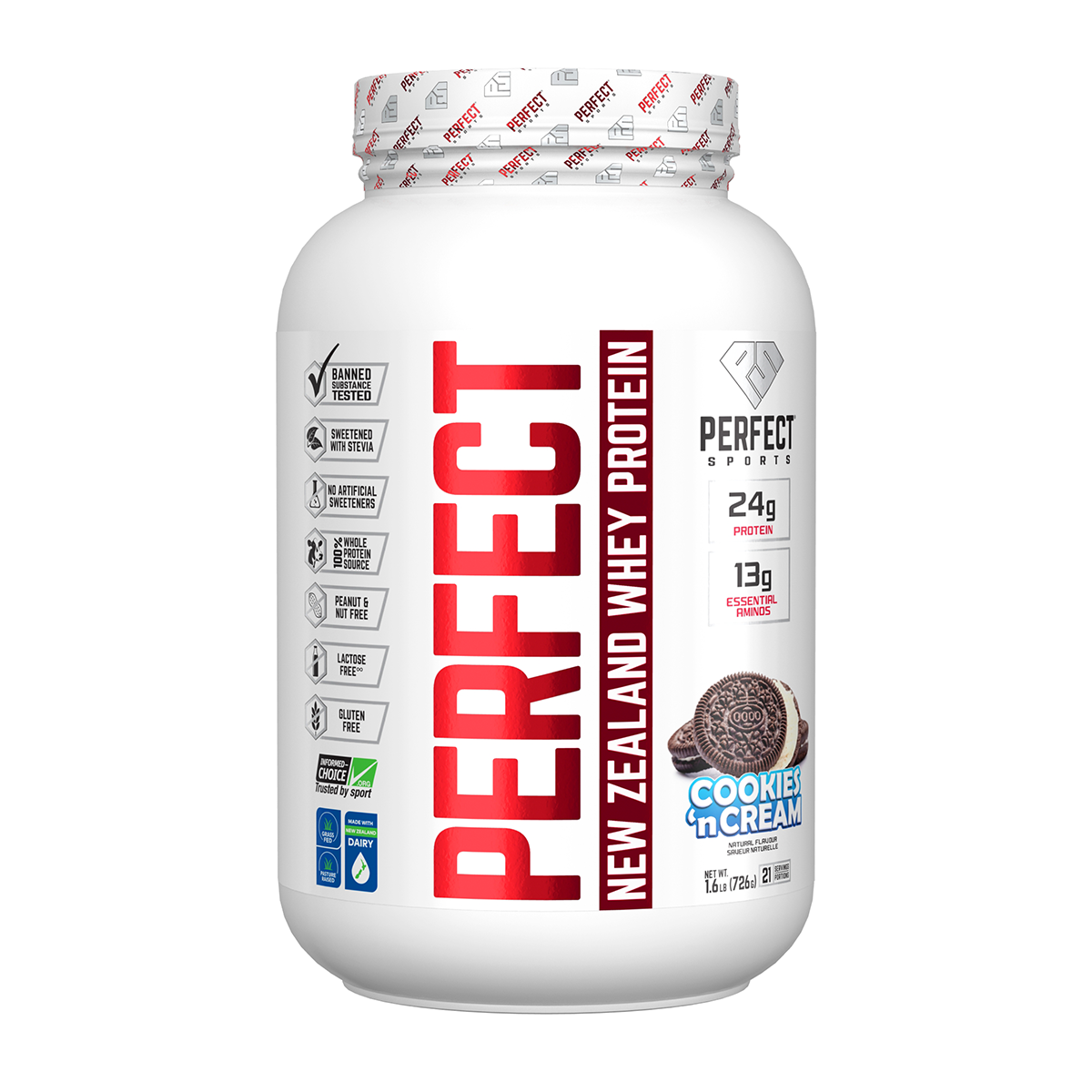Product photo from eNatural Shopify for Perfect Sports PERFECT Whey Protein – Cookies and Cream 1.6lb (726g)